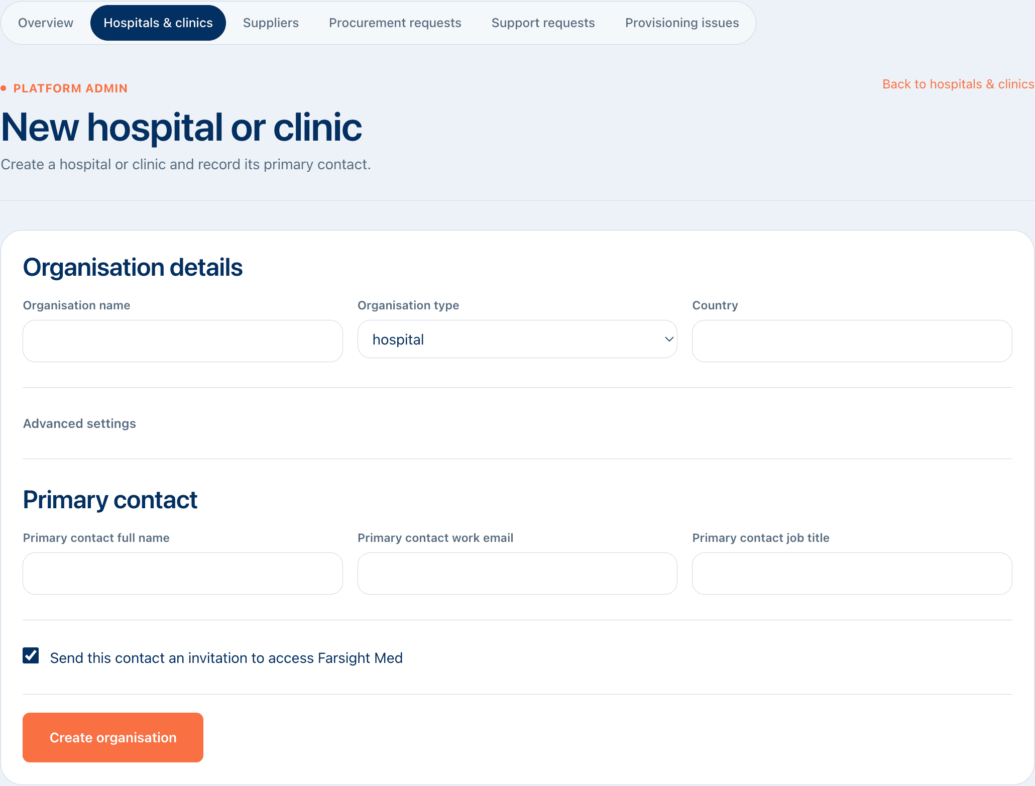 New hospital or clinic onboarding form in Farsight Med