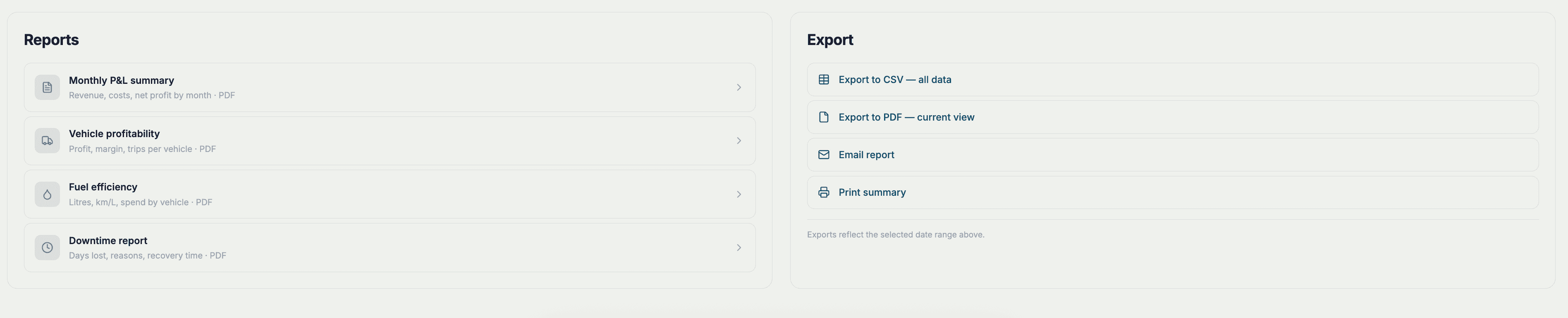 Analytics reports and export options further down the same page