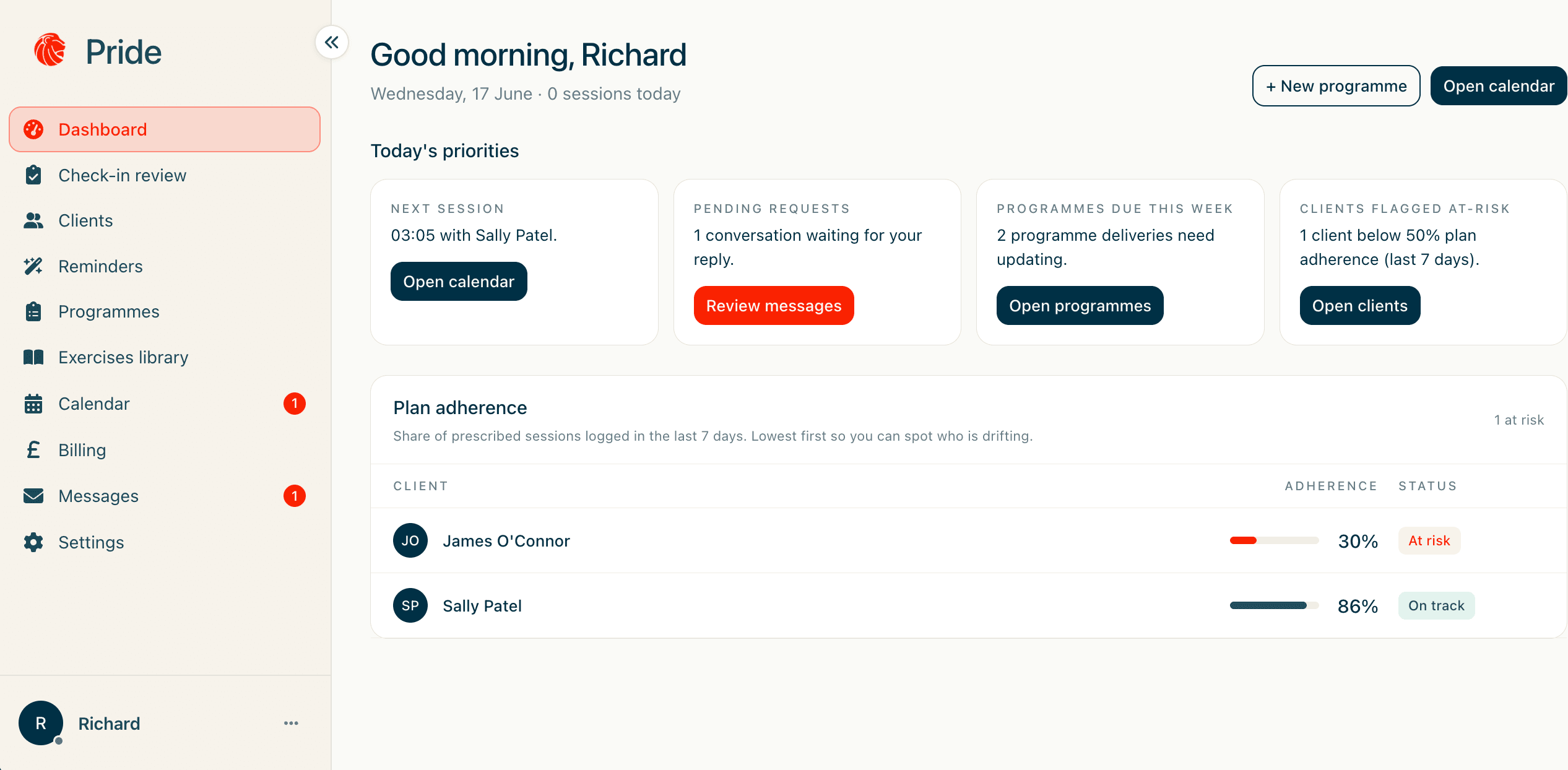 Pride coaching dashboard